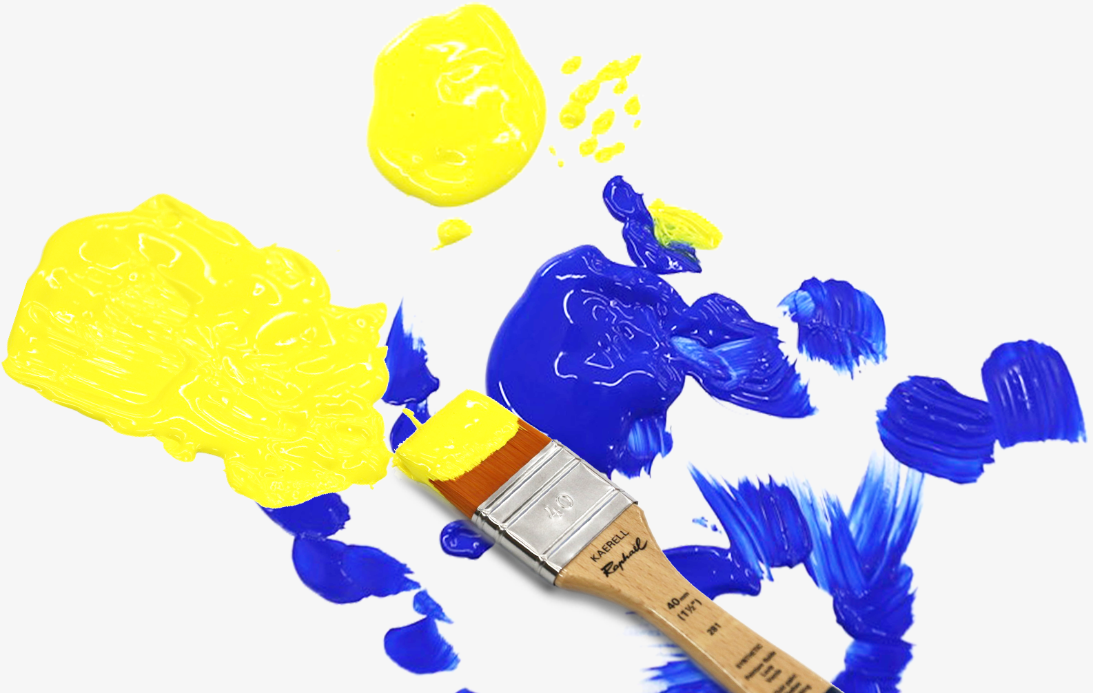 キャンバスに広がる青色と黄色の絵の具。筆には黄色の絵の具がついている。